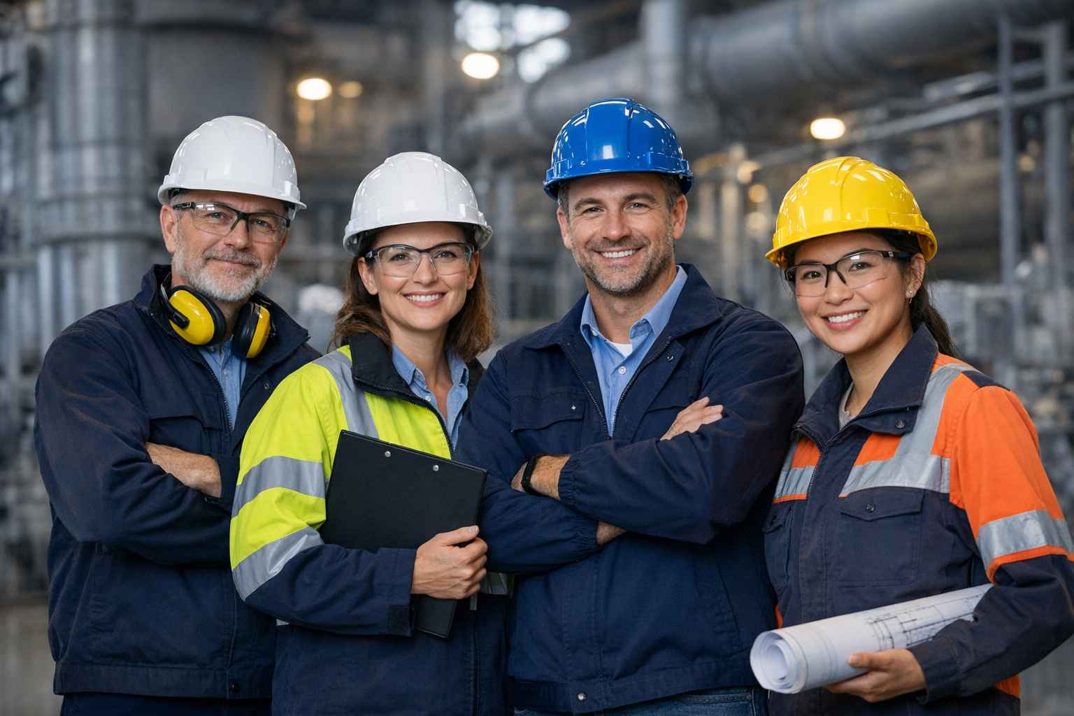 Four factory workers in hard hats and safety vests pose together in an industrial setting; one holds a clipboard and another holds rolled plans.