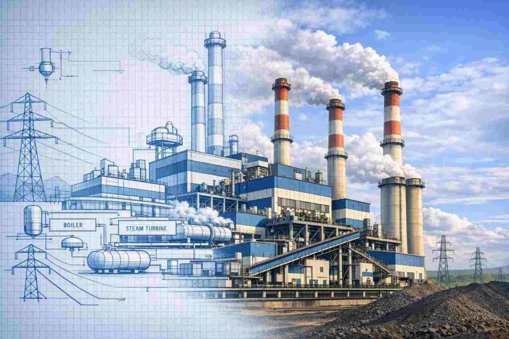 A schematic of a power plant morphs into a real power plant, representing how digital twin technology improves power plant performance.
