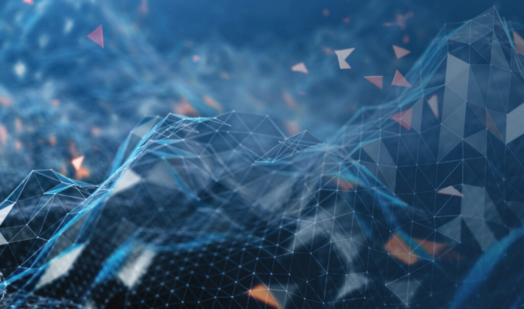 A mountainside built out of digital data points that resemble triangles, representing EtaPRO Elevate, enterprise monitoring and diagnostics for power plant performance, optimization, and reliability.